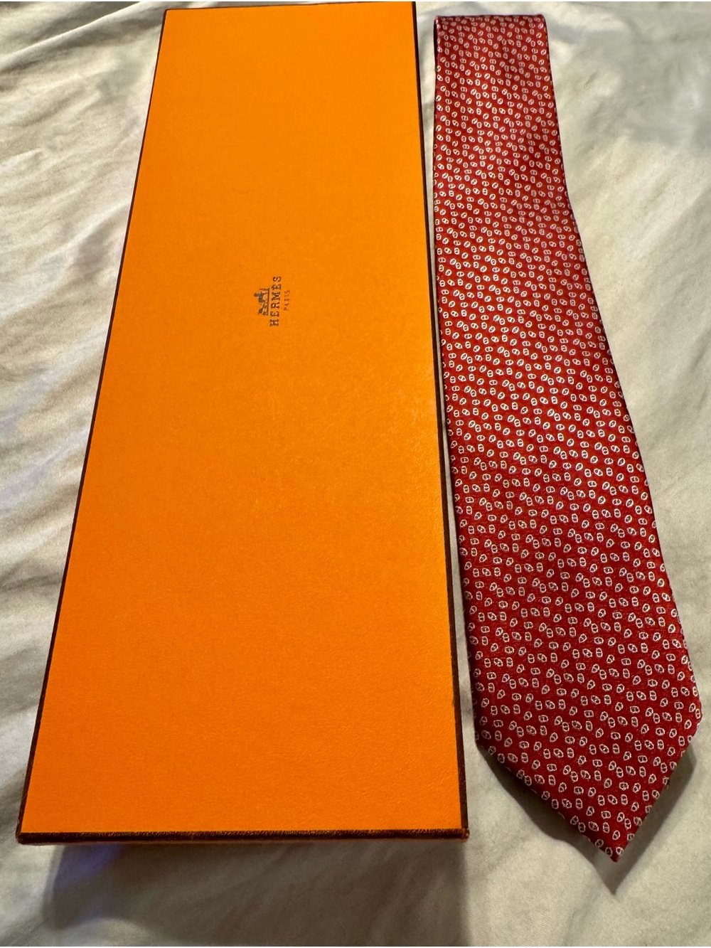 Hermes Red Silk Tie with White Micro Paisley